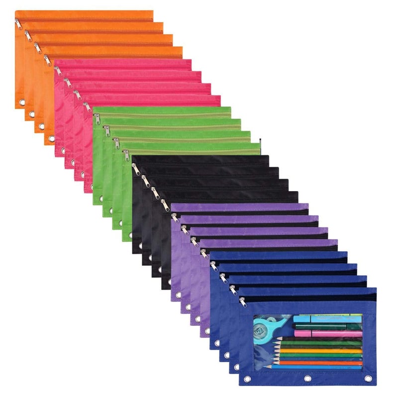 WODISON 24-Packs 3 Ring Pencil Pouch, Binder Pouches with 3 Hole, Bulk Zipper Pencil Case Suitable for Class, School, Office(6 Colors) - Image 1